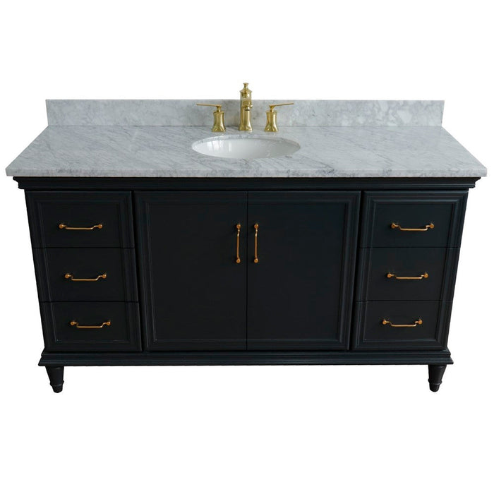 Bellaterra Home Forli 61" 2-Door 6-Drawer Dark Gray Freestanding Vanity Set With Ceramic Undermount Oval Sink and White Carrara Marble Top - Luxe Vanity & Tub