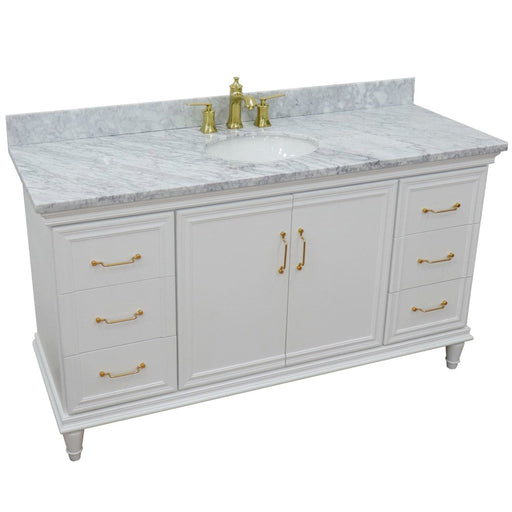 Bellaterra Home Forli 61" 2-Door 6-Drawer White Freestanding Vanity Set With Ceramic Undermount Oval Sink and White Carrara Marble Top - Luxe Vanity & Tub