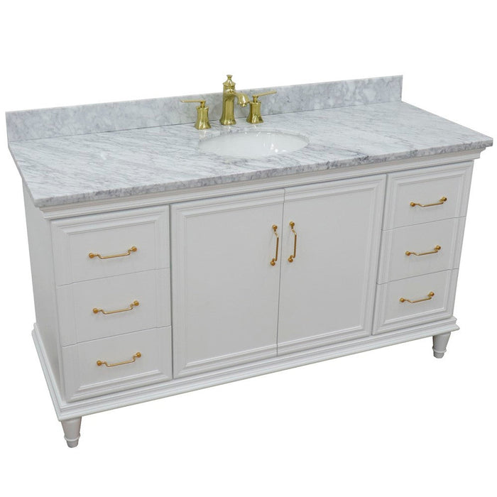 Bellaterra Home Forli 61" 2-Door 6-Drawer White Freestanding Vanity Set With Ceramic Undermount Oval Sink and White Carrara Marble Top - Luxe Vanity & Tub