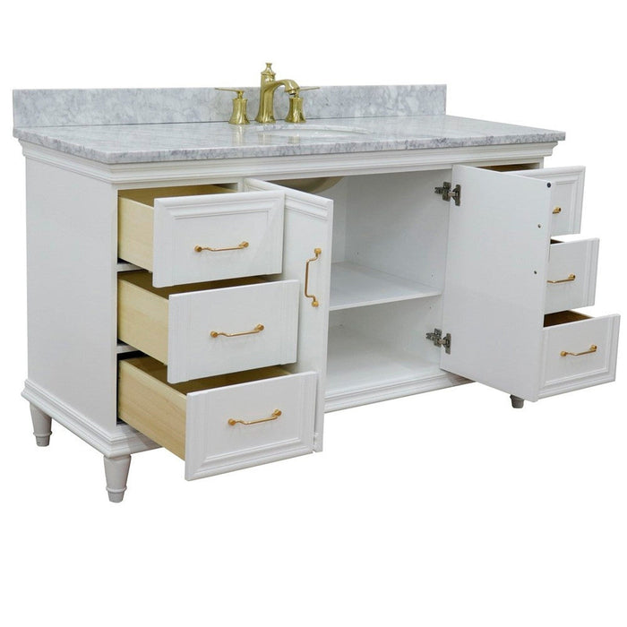 Bellaterra Home Forli 61" 2-Door 6-Drawer White Freestanding Vanity Set With Ceramic Undermount Oval Sink and White Carrara Marble Top - Luxe Vanity & Tub