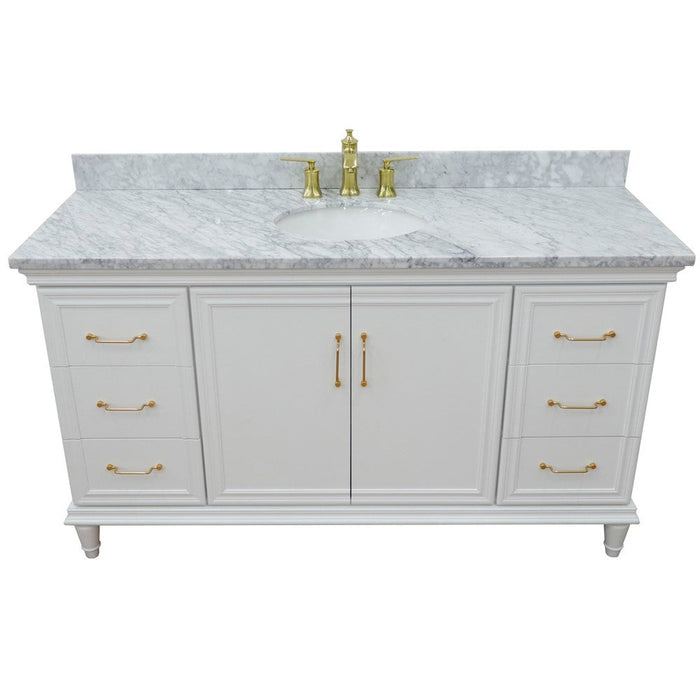 Bellaterra Home Forli 61" 2-Door 6-Drawer White Freestanding Vanity Set With Ceramic Undermount Oval Sink and White Carrara Marble Top - Luxe Vanity & Tub