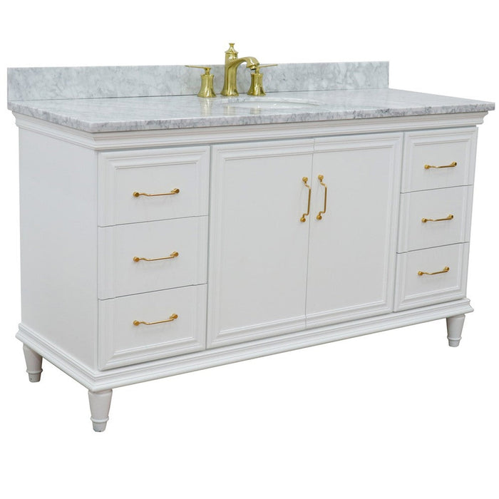 Bellaterra Home Forli 61" 2-Door 6-Drawer White Freestanding Vanity Set With Ceramic Undermount Oval Sink and White Carrara Marble Top