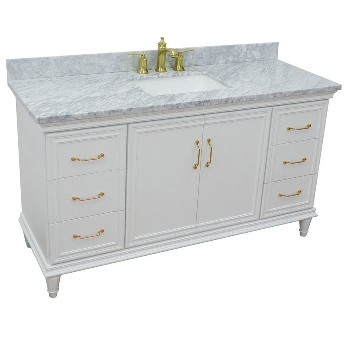 Bellaterra Home Forli 61" 2-Door 6-Drawer White Freestanding Vanity Set With Ceramic Undermount Rectangular Sink and White Carrara Marble Top - Luxe Vanity & Tub