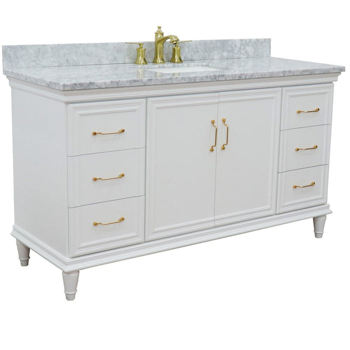 Bellaterra Home Forli 61" 2-Door 6-Drawer White Freestanding Vanity Set With Ceramic Undermount Rectangular Sink and White Carrara Marble Top - Luxe Vanity & Tub