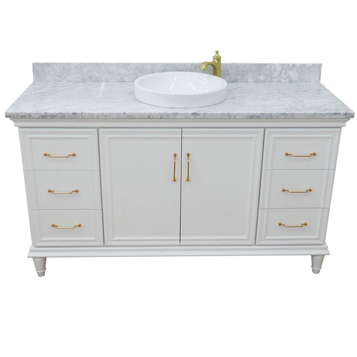 Bellaterra Home Forli 61" 2-Door 6-Drawer White Freestanding Vanity Set With Ceramic Vessel Sink and White Carrara Marble Top - Luxe Vanity & Tub