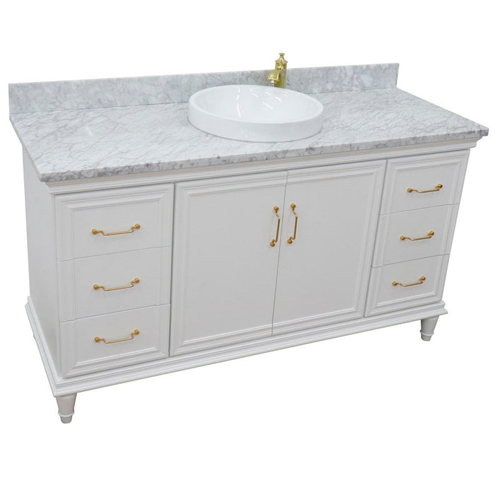 Bellaterra Home Forli 61" 2-Door 6-Drawer White Freestanding Vanity Set With Ceramic Vessel Sink and White Carrara Marble Top - Luxe Vanity & Tub