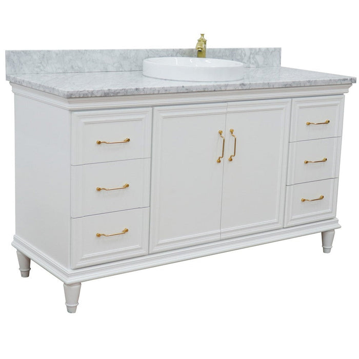 Bellaterra Home Forli 61" 2-Door 6-Drawer White Freestanding Vanity Set With Ceramic Vessel Sink and White Carrara Marble Top - Luxe Vanity & Tub