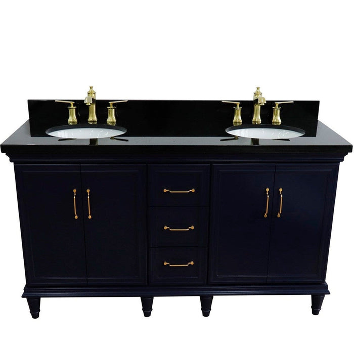 Bellaterra Home Forli 61" 4-Door 3-Drawer Blue Freestanding Vanity Set With Ceramic Double Undermount Oval Sink and Black Galaxy Granite Top - Luxe Vanity & Tub