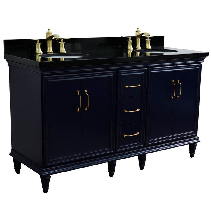 Bellaterra Home Forli 61" 4-Door 3-Drawer Blue Freestanding Vanity Set With Ceramic Double Undermount Oval Sink and Black Galaxy Granite Top - Luxe Vanity & Tub