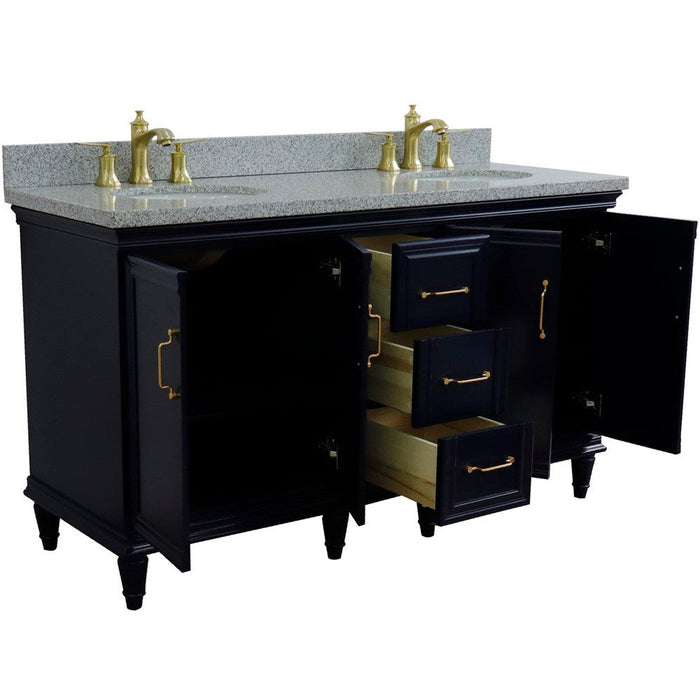 Bellaterra Home Forli 61" 4-Door 3-Drawer Blue Freestanding Vanity Set With Ceramic Double Undermount Oval Sink and Gray Granite Top - Luxe Vanity & Tub