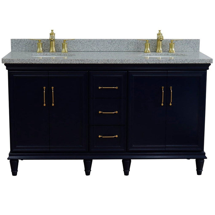 Bellaterra Home Forli 61" 4-Door 3-Drawer Blue Freestanding Vanity Set With Ceramic Double Undermount Oval Sink and Gray Granite Top - Luxe Vanity & Tub