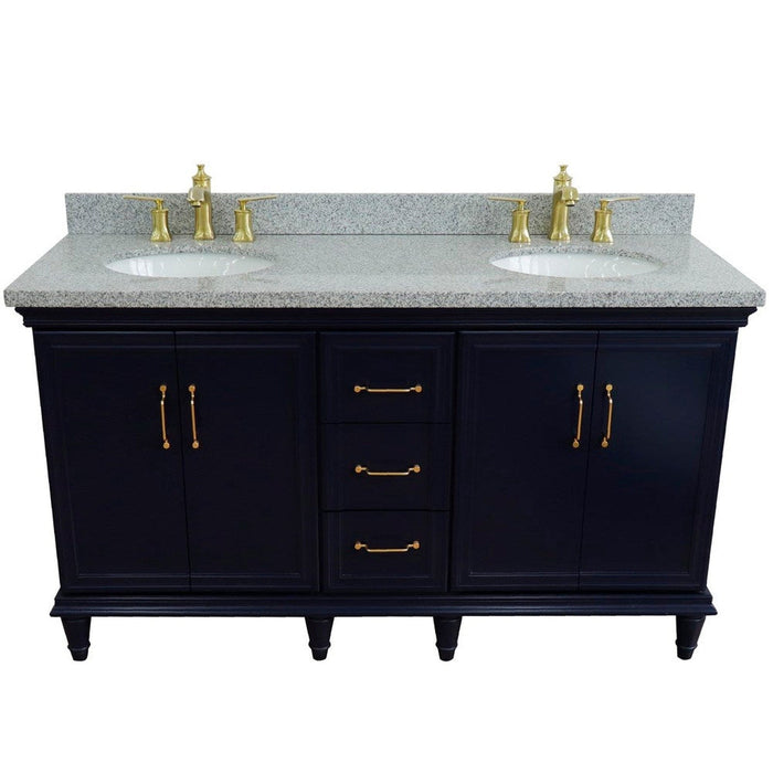 Bellaterra Home Forli 61" 4-Door 3-Drawer Blue Freestanding Vanity Set With Ceramic Double Undermount Oval Sink and Gray Granite Top - Luxe Vanity & Tub