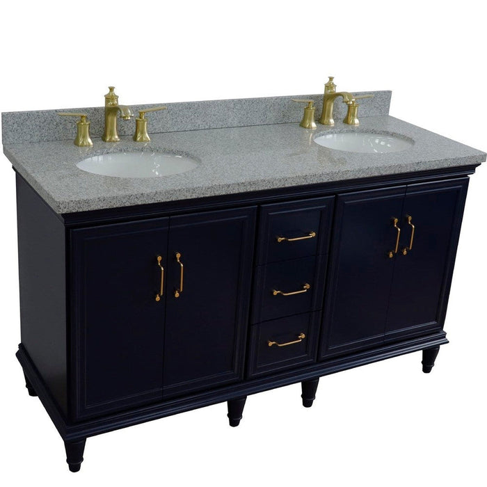 Bellaterra Home Forli 61" 4-Door 3-Drawer Blue Freestanding Vanity Set With Ceramic Double Undermount Oval Sink and Gray Granite Top - Luxe Vanity & Tub