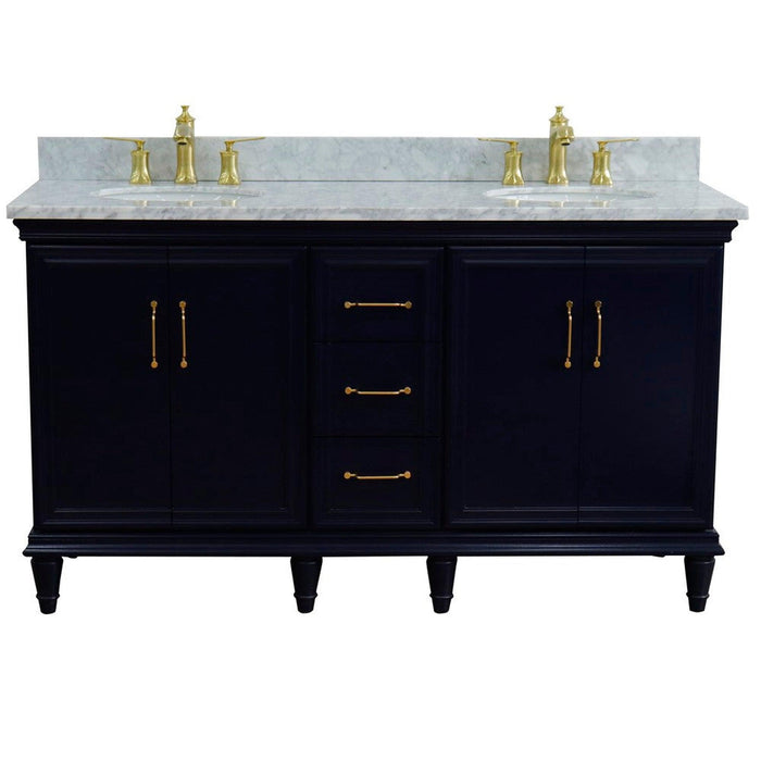 Bellaterra Home Forli 61" 4-Door 3-Drawer Blue Freestanding Vanity Set With Ceramic Double Undermount Oval Sink and White Carrara Marble Top - Luxe Vanity & Tub