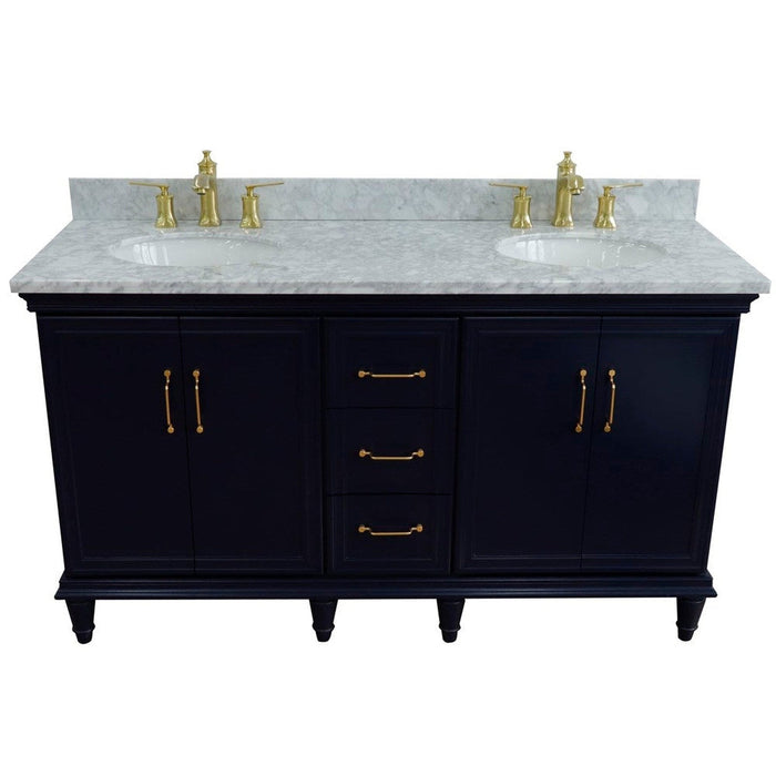 Bellaterra Home Forli 61" 4-Door 3-Drawer Blue Freestanding Vanity Set With Ceramic Double Undermount Oval Sink and White Carrara Marble Top - Luxe Vanity & Tub