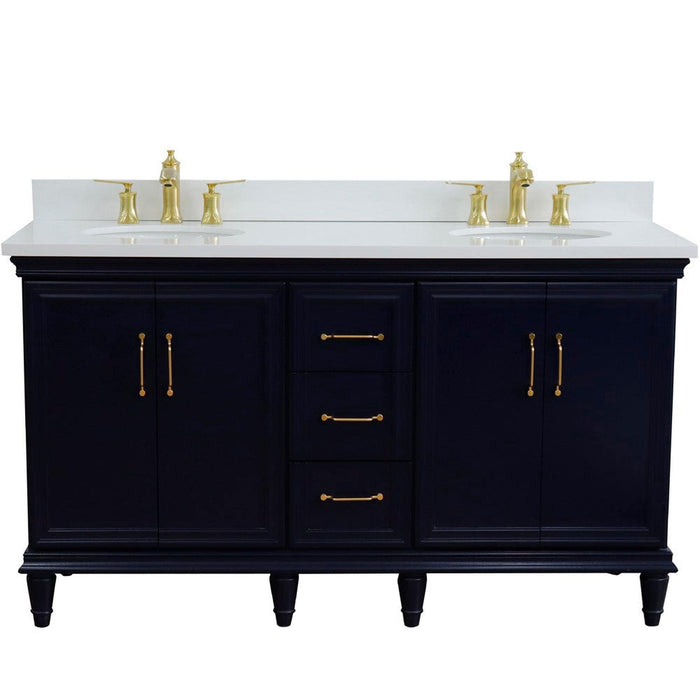 Bellaterra Home Forli 61" 4-Door 3-Drawer Blue Freestanding Vanity Set With Ceramic Double Undermount Oval Sink and White Quartz Top - Luxe Vanity & Tub