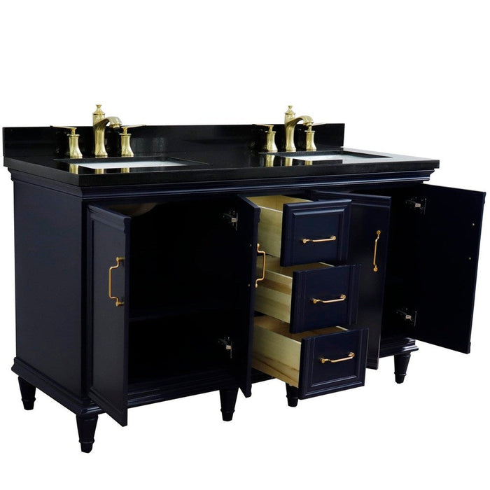 Bellaterra Home Forli 61" 4-Door 3-Drawer Blue Freestanding Vanity Set With Ceramic Double Undermount Rectangular Sink and Black Galaxy Granite Top - Luxe Vanity & Tub