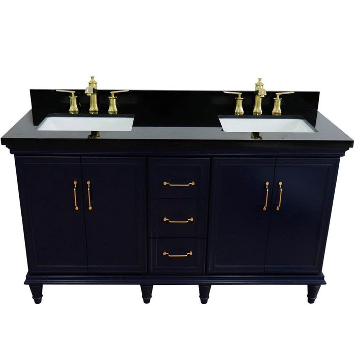 Bellaterra Home Forli 61" 4-Door 3-Drawer Blue Freestanding Vanity Set With Ceramic Double Undermount Rectangular Sink and Black Galaxy Granite Top - Luxe Vanity & Tub