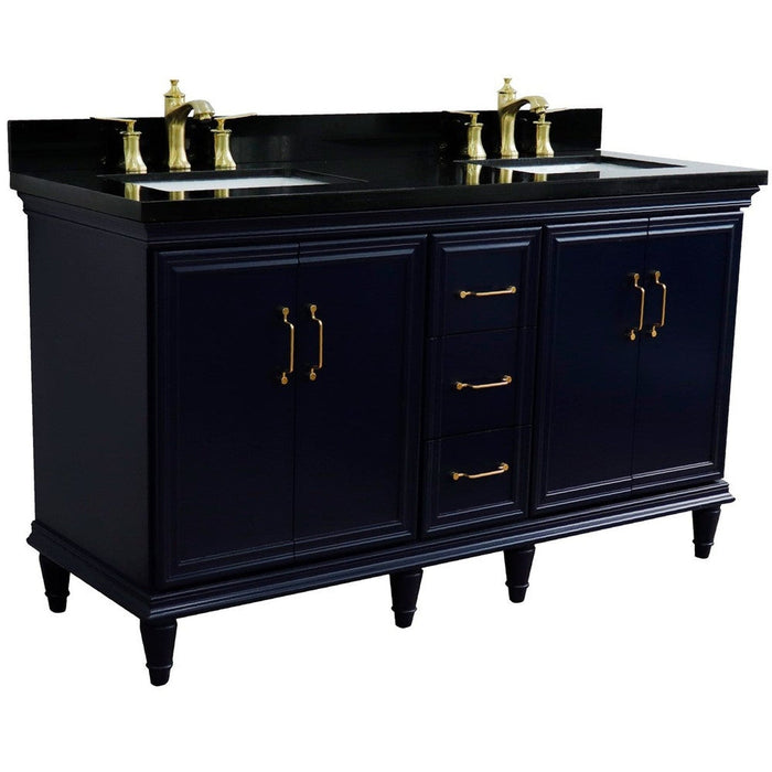 Bellaterra Home Forli 61" 4-Door 3-Drawer Blue Freestanding Vanity Set With Ceramic Double Undermount Rectangular Sink and Black Galaxy Granite Top - Luxe Vanity & Tub