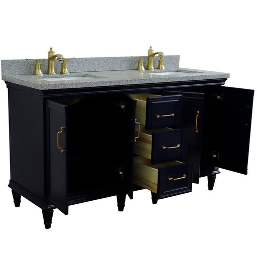 Bellaterra Home Forli 61" 4-Door 3-Drawer Blue Freestanding Vanity Set With Ceramic Double Undermount Rectangular Sink and Gray Granite Top - Luxe Vanity & Tub