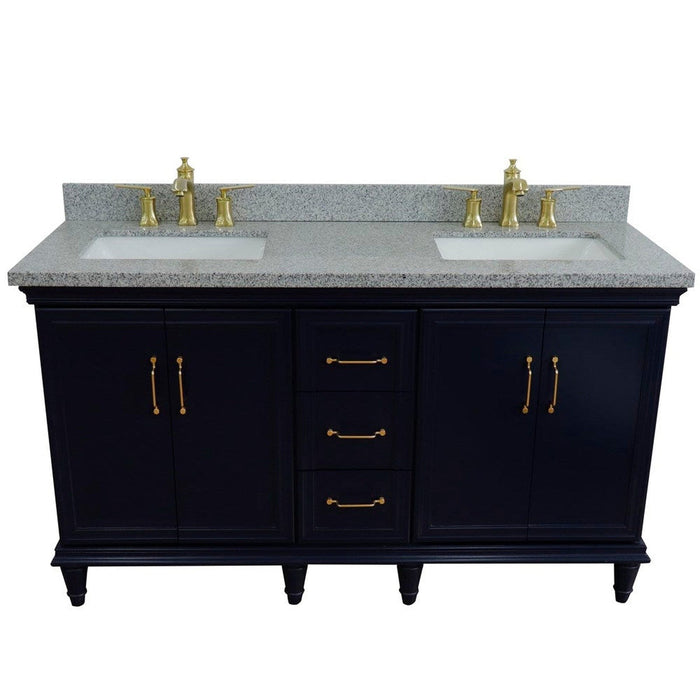 Bellaterra Home Forli 61" 4-Door 3-Drawer Blue Freestanding Vanity Set With Ceramic Double Undermount Rectangular Sink and Gray Granite Top - Luxe Vanity & Tub