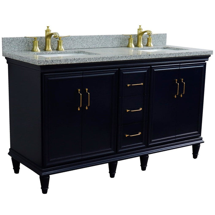 Bellaterra Home Forli 61" 4-Door 3-Drawer Blue Freestanding Vanity Set With Ceramic Double Undermount Rectangular Sink and Gray Granite Top - Luxe Vanity & Tub