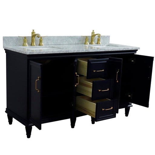 Bellaterra Home Forli 61" 4-Door 3-Drawer Blue Freestanding Vanity Set With Ceramic Double Undermount Rectangular Sink and White Carrara Marble Top - Luxe Vanity & Tub