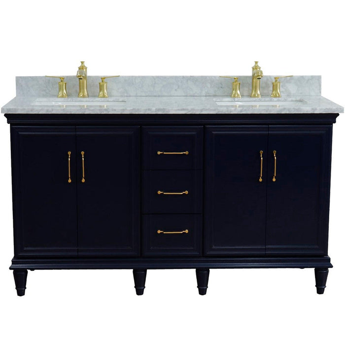 Bellaterra Home Forli 61" 4-Door 3-Drawer Blue Freestanding Vanity Set With Ceramic Double Undermount Rectangular Sink and White Carrara Marble Top - Luxe Vanity & Tub