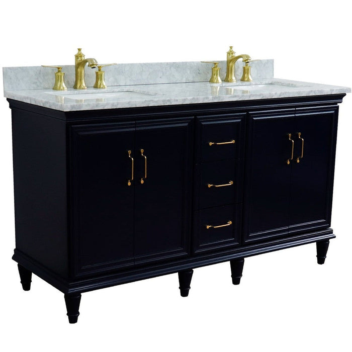 Bellaterra Home Forli 61" 4-Door 3-Drawer Blue Freestanding Vanity Set With Ceramic Double Undermount Rectangular Sink and White Carrara Marble Top - Luxe Vanity & Tub