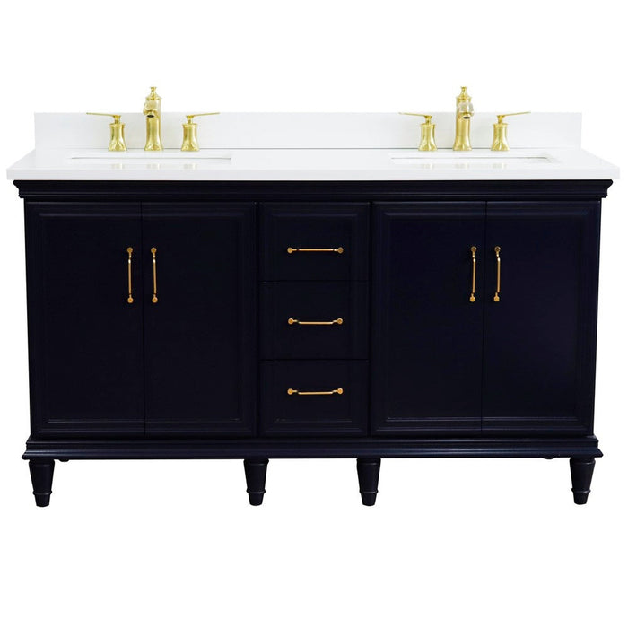 Bellaterra Home Forli 61" 4-Door 3-Drawer Blue Freestanding Vanity Set With Ceramic Double Undermount Rectangular Sink and White Quartz Top - Luxe Vanity & Tub