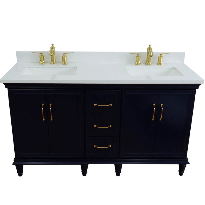 Bellaterra Home Forli 61" 4-Door 3-Drawer Blue Freestanding Vanity Set With Ceramic Double Undermount Rectangular Sink and White Quartz Top - Luxe Vanity & Tub