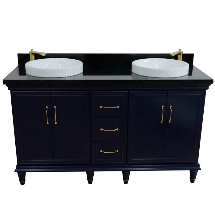 Bellaterra Home Forli 61" 4-Door 3-Drawer Blue Freestanding Vanity Set With Ceramic Double Vessel Sink and Black Galaxy Granite Top - Luxe Vanity & Tub