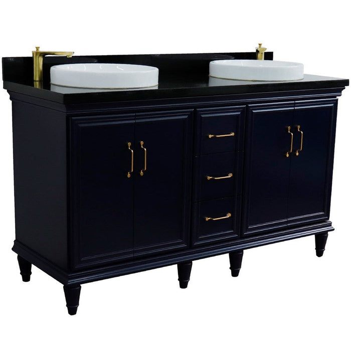 Bellaterra Home Forli 61" 4-Door 3-Drawer Blue Freestanding Vanity Set With Ceramic Double Vessel Sink and Black Galaxy Granite Top - Luxe Vanity & Tub