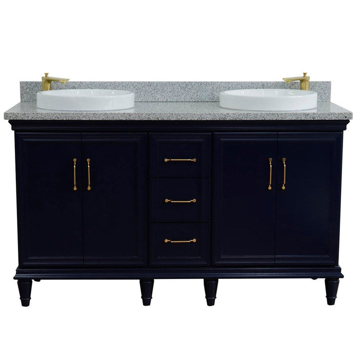 Bellaterra Home Forli 61" 4-Door 3-Drawer Blue Freestanding Vanity Set With Ceramic Double Vessel Sink and Gray Granite Top - Luxe Vanity & Tub