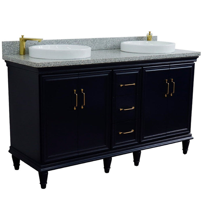 Bellaterra Home Forli 61" 4-Door 3-Drawer Blue Freestanding Vanity Set With Ceramic Double Vessel Sink and Gray Granite Top - Luxe Vanity & Tub