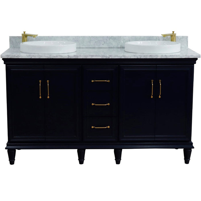 Bellaterra Home Forli 61" 4-Door 3-Drawer Blue Freestanding Vanity Set With Ceramic Double Vessel Sink and White Carrara Marble Top - Luxe Vanity & Tub