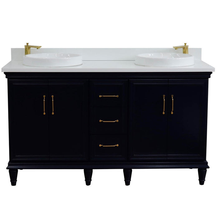 Bellaterra Home Forli 61" 4-Door 3-Drawer Blue Freestanding Vanity Set With Ceramic Double Vessel Sink and White Quartz Top - Luxe Vanity & Tub