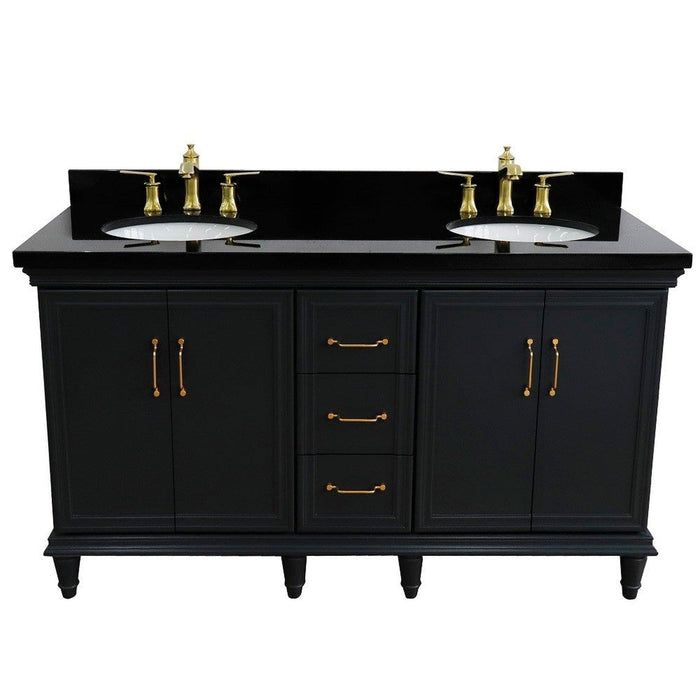 Bellaterra Home Forli 61" 4-Door 3-Drawer Dark Gray Freestanding Vanity Set With Ceramic Double Undermount Oval Sink and Black Galaxy Granite Top - Luxe Vanity & Tub