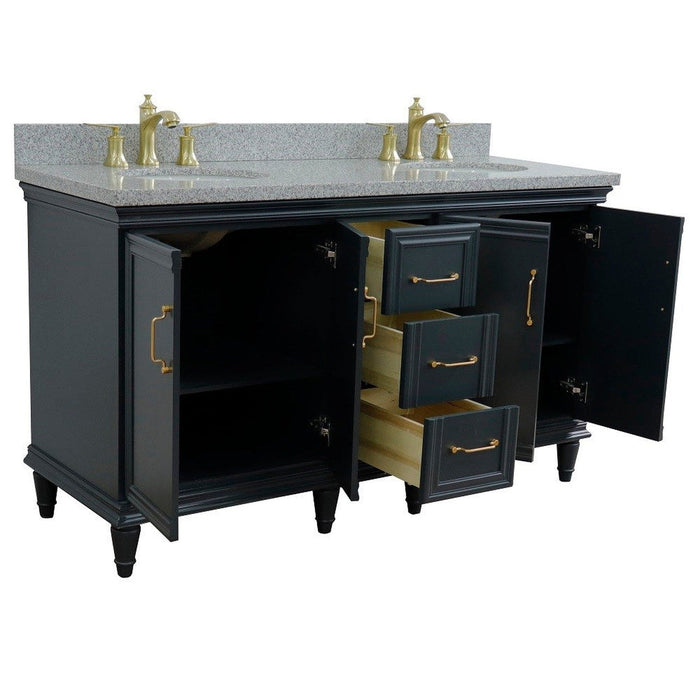 Bellaterra Home Forli 61" 4-Door 3-Drawer Dark Gray Freestanding Vanity Set With Ceramic Double Undermount Oval Sink and Gray Granite Top - Luxe Vanity & Tub