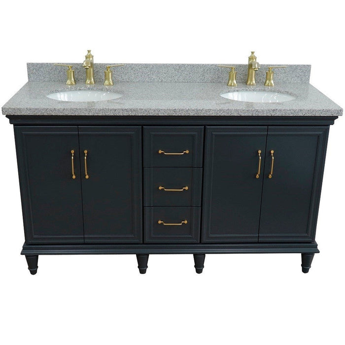 Bellaterra Home Forli 61" 4-Door 3-Drawer Dark Gray Freestanding Vanity Set With Ceramic Double Undermount Oval Sink and Gray Granite Top - Luxe Vanity & Tub