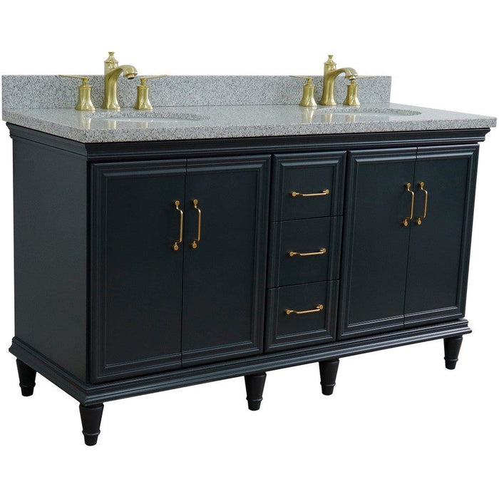 Bellaterra Home Forli 61" 4-Door 3-Drawer Dark Gray Freestanding Vanity Set With Ceramic Double Undermount Oval Sink and Gray Granite Top - Luxe Vanity & Tub