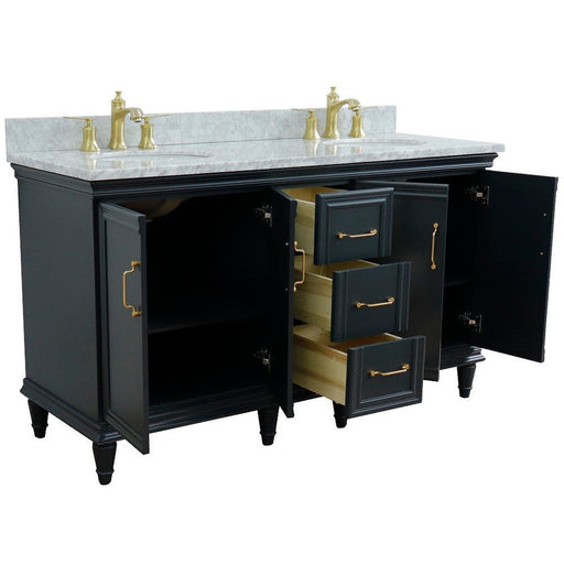 Bellaterra Home Forli 61" 4-Door 3-Drawer Dark Gray Freestanding Vanity Set With Ceramic Double Undermount Oval Sink and White Carrara Marble Top - Luxe Vanity & Tub