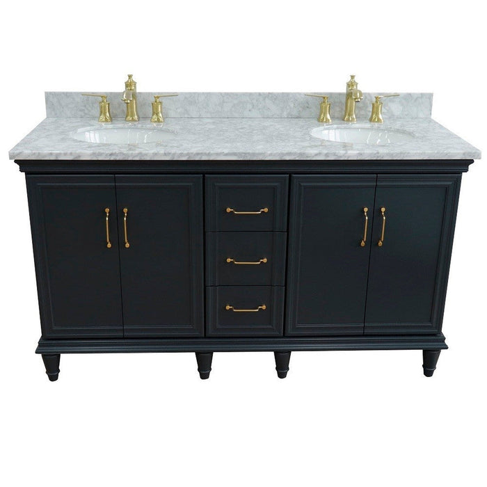 Bellaterra Home Forli 61" 4-Door 3-Drawer Dark Gray Freestanding Vanity Set With Ceramic Double Undermount Oval Sink and White Carrara Marble Top - Luxe Vanity & Tub