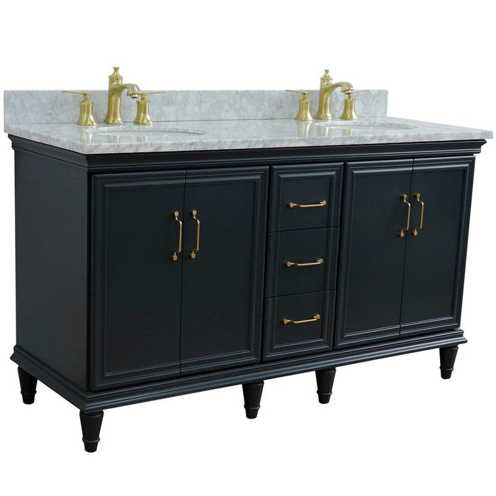 Bellaterra Home Forli 61" 4-Door 3-Drawer Dark Gray Freestanding Vanity Set With Ceramic Double Undermount Oval Sink and White Carrara Marble Top - Luxe Vanity & Tub