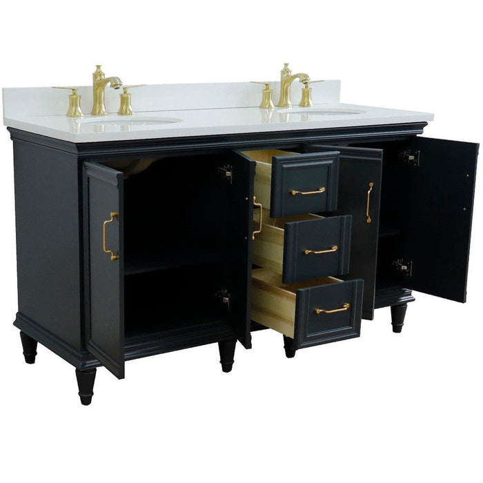 Bellaterra Home Forli 61" 4-Door 3-Drawer Dark Gray Freestanding Vanity Set With Ceramic Double Undermount Oval Sink and White Quartz Top - Luxe Vanity & Tub