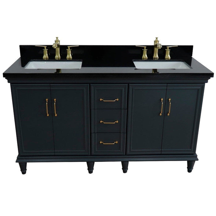 Bellaterra Home Forli 61" 4-Door 3-Drawer Dark Gray Freestanding Vanity Set With Ceramic Double Undermount Rectangular Sink and Black Galaxy Granite Top - Luxe Vanity & Tub