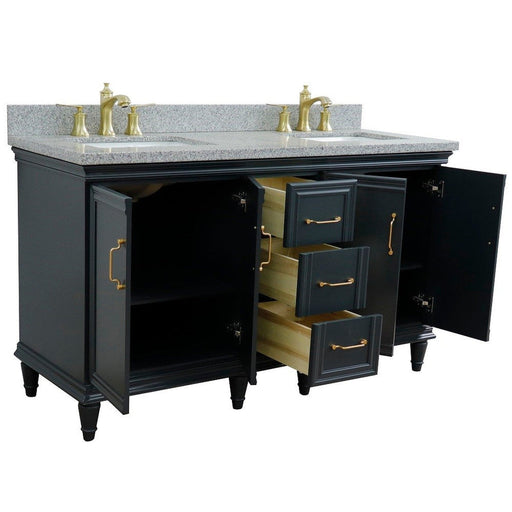 Bellaterra Home Forli 61" 4-Door 3-Drawer Dark Gray Freestanding Vanity Set With Ceramic Double Undermount Rectangular Sink and Gray Granite Top - Luxe Vanity & Tub