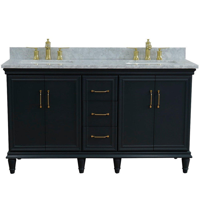 Bellaterra Home Forli 61" 4-Door 3-Drawer Dark Gray Freestanding Vanity Set With Ceramic Double Undermount Rectangular Sink and White Carrara Marble Top - Luxe Vanity & Tub