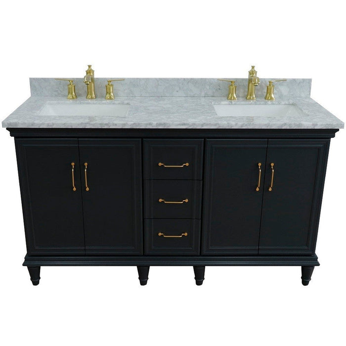 Bellaterra Home Forli 61" 4-Door 3-Drawer Dark Gray Freestanding Vanity Set With Ceramic Double Undermount Rectangular Sink and White Carrara Marble Top - Luxe Vanity & Tub