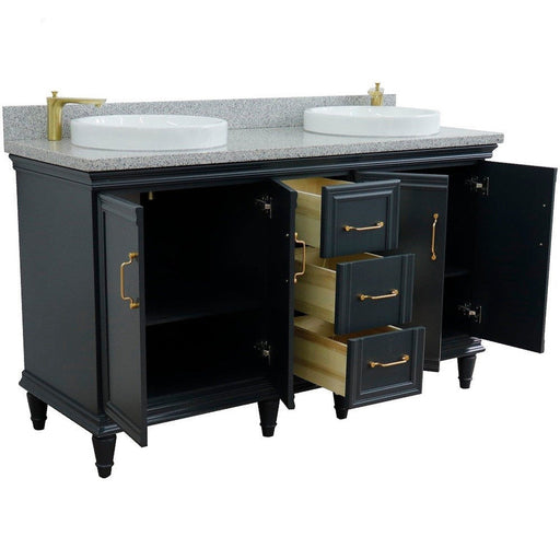 Bellaterra Home Forli 61" 4-Door 3-Drawer Dark Gray Freestanding Vanity Set With Ceramic Double Vessel Sink and Gray Granite Top - Luxe Vanity & Tub